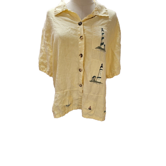 Vintage DONNA Yellow Linen Lighthouse Shirt‎ Top Cottagecore Grandma Vibes Large - Picture 1 of 5